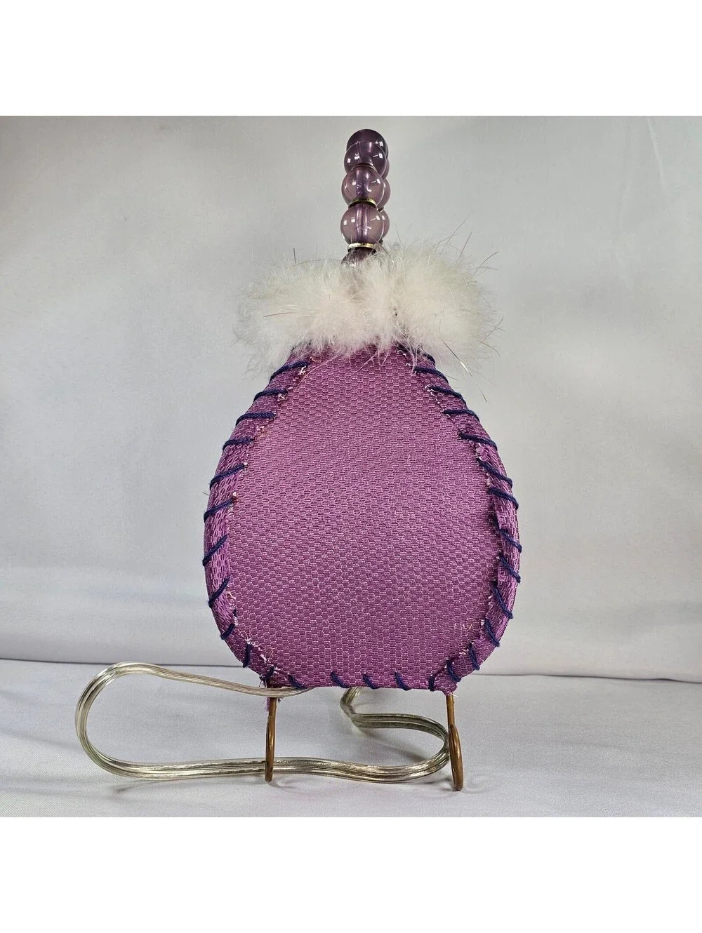 Vintage Novelty Purse Accent Lamp Purple Fabric Faux Fur Beaded Handle Kitschy